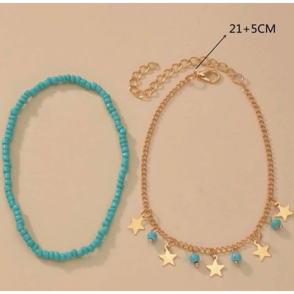 1 LEFT! 2 Piece Turquoise & Gold Beaded Star Charm Ankle Bracelet - Picture 2 of 4